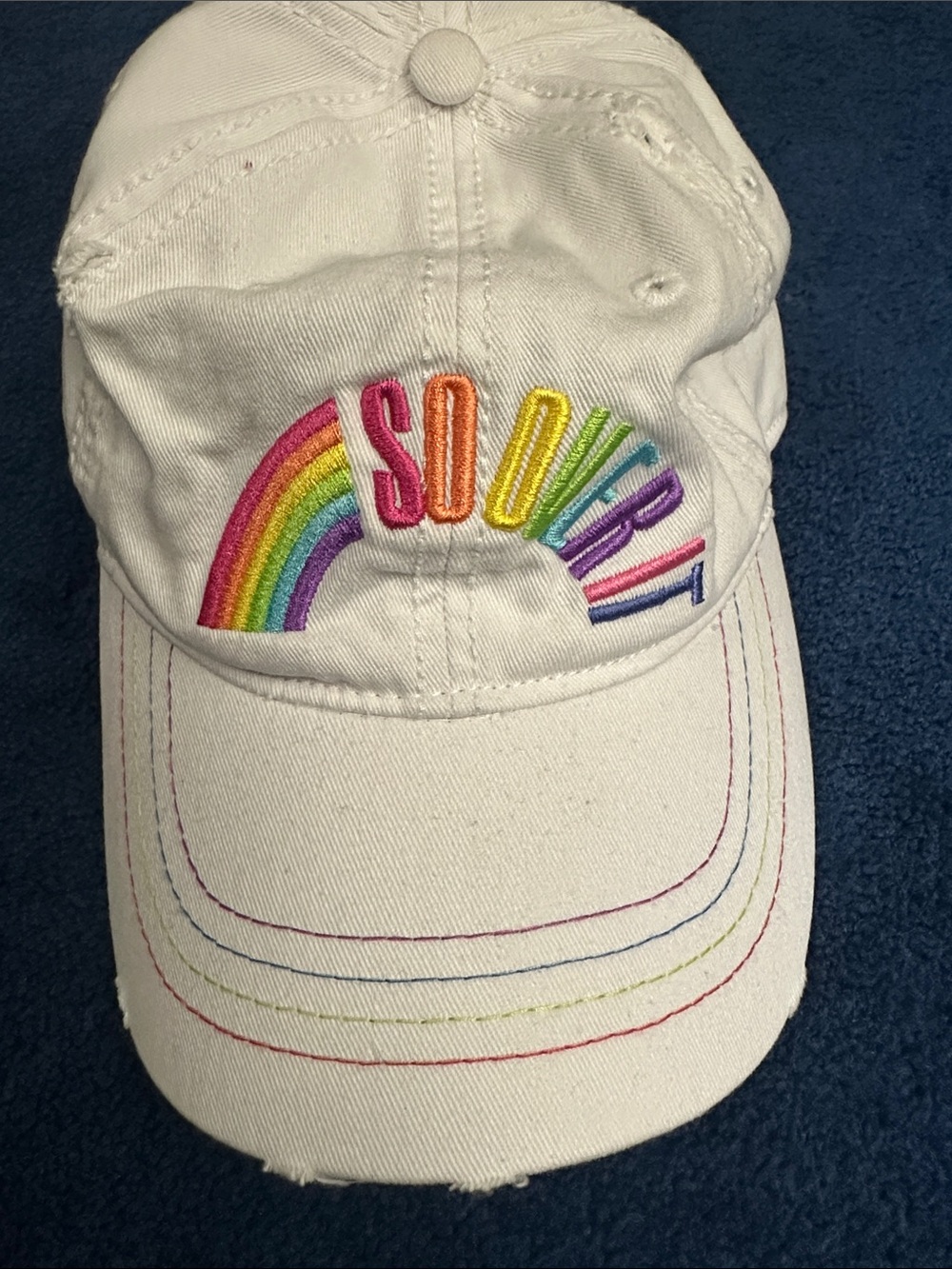 White Rainbow 'So Over It' Embroidered Distressed Baseball Cap
